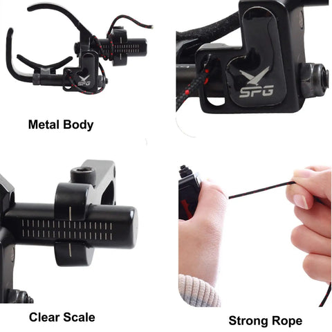 Close-up of Drop Away Arrow Rest for Compound Bow featuring metal body, clear scale, and strong rope, black finish.