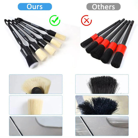 Five Piece Boar Hair Car Detailing Brush Set With Ultra Soft Scratch Free Interior Brushes comparison showing brush differences