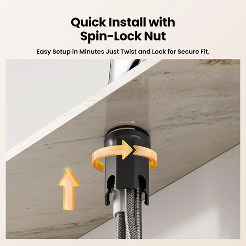 JOMOO Waterfall Pull Down Kitchen Faucet with Spin-Lock Nut for easy installation under a countertop.