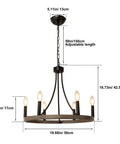 Wagon Wheel Chandelier For Dining Room, 6 Light Farmhouse Pendant With Wood Grain Finish, Rustic Black Metal, Easy Install Dimensions