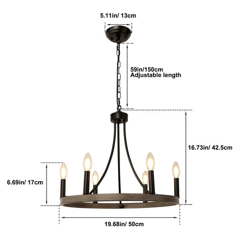 Wagon Wheel Chandelier For Dining Room, 6 Light Farmhouse Pendant With Wood Grain Finish, Rustic Black Metal, Easy Install Dimensions