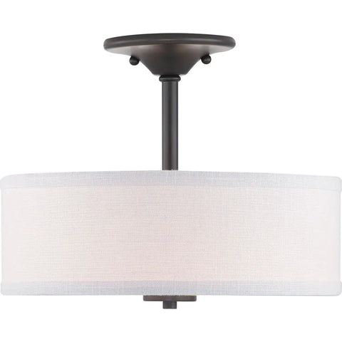 Two-Light Semi-Flush Ceiling Light In Black Finish From Inspire Collection with linen shade and glass diffuser