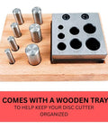 7 Piece Circular Disc Cutter Set With Wooden Storage Box, includes round punches 1/4 to 5/8 inch, heavy duty steel on wooden tray