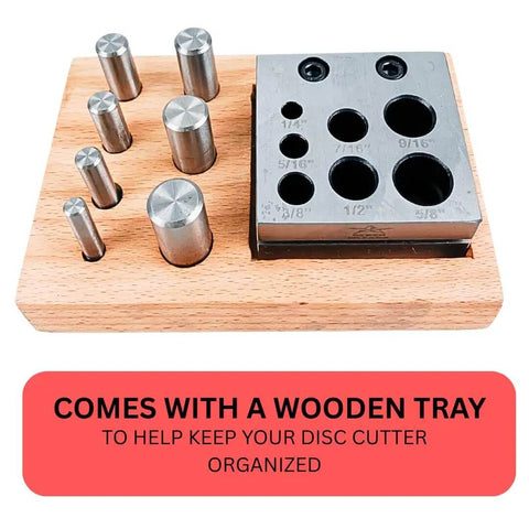 7 Piece Circular Disc Cutter Set With Wooden Storage Box, includes round punches 1/4 to 5/8 inch, heavy duty steel on wooden tray
