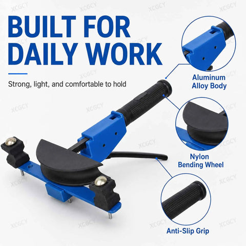 Heavy Duty Ratcheting Tubing Bender Kit For Copper Aluminum Piping Engineered With A No Sweat Operation And Dead Straight 90 Degree Angles Plus A Totally Kink Free Build Quality, featuring aluminum alloy body and nylon bending wheel.