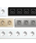 Top Shelf Eu Standard Wall Socket With Triple Power Outlets And A Slick Crystal Glass Faceplate Heavy Duty 16 Amp Electrical Receptacle in black, white, beige, and grey finishes.