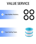 Garden Hose Repair Kit With Zinc And Aluminum Male And Female Fittings Fits 3/4 Inch And 5/8 Inch Hoses Includes Two Sets Of Fittings Sealing Tapes Rubber Washers And Beefy Metal Construction showing 4 rubber washers and 2 sealing tapes.