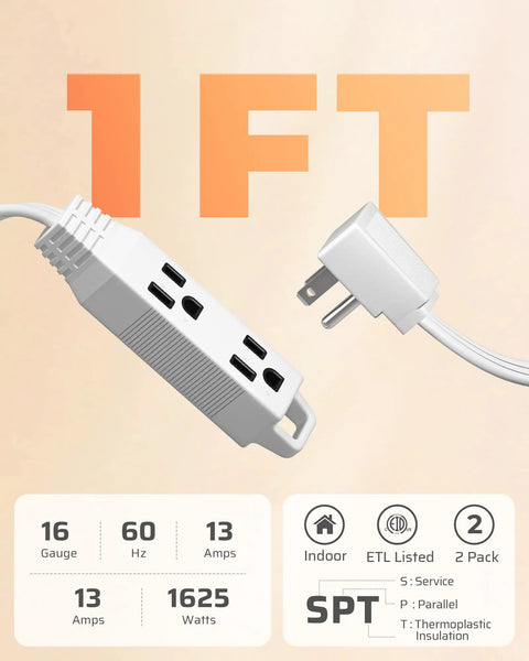 Three Outlet Extension Cord With Flat Plug For Home Or Office, 20 Foot Long 16/3 AWG Grounded Power Cable, Indoor Use, SPT-3 Cord, White