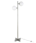 Two Light Floor Lamp With Glass Shade In Nickel And White Milk Finish Tall 70.5 Inch Standing Lamp With 14 Inch Square Base 8 Foot Cord Uses E26 Bulbs From LED To Incandescent For A Cozy Modern Glow
