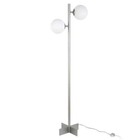 Two Light Floor Lamp With Glass Shade In Nickel And White Milk Finish Tall 70.5 Inch Standing Lamp With 14 Inch Square Base 8 Foot Cord Uses E26 Bulbs From LED To Incandescent For A Cozy Modern Glow