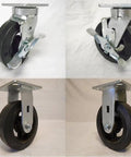 Heavy Duty 6 Inch Rubber On Steel Caster Set With Kingpinless Swivel Wheels With Brakes and Two Rigid Rollers for Toolboxes