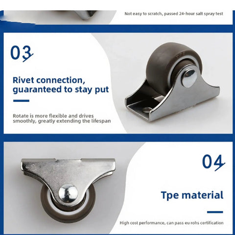 Dead Quiet Low Profile Caster Wheels Four Pack Rock Solid Furniture Casters With Durable Tpe Tires showing rivet connection and tpe material.