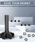 Beefy Slab Flattening Router Bit For CNC Surfacing Half Inch Shank Two Inch Cutting Diameter Six Wing Planing Bit With Carbide Inserts