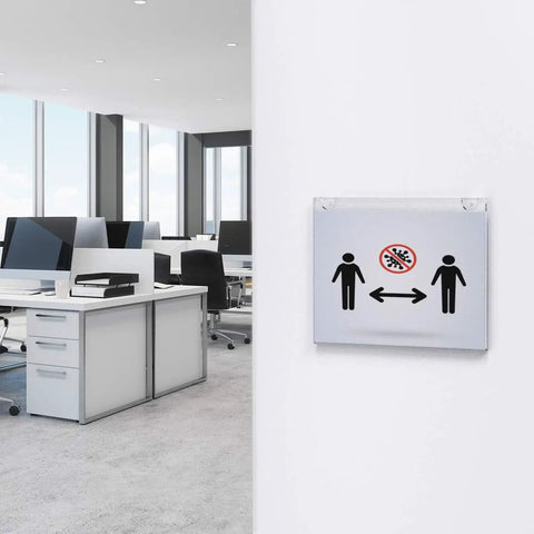 Office with Clear Acrylic Wall Mount Sign Holder 8.5 By 11 Inches Horizontal displaying social distancing sign