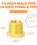 Ten Piece Brass Hex Bushing Reducer 1/2 Inch NPT Male To 1/4 Inch NPT Female Pipe Fitting dimensions diagram