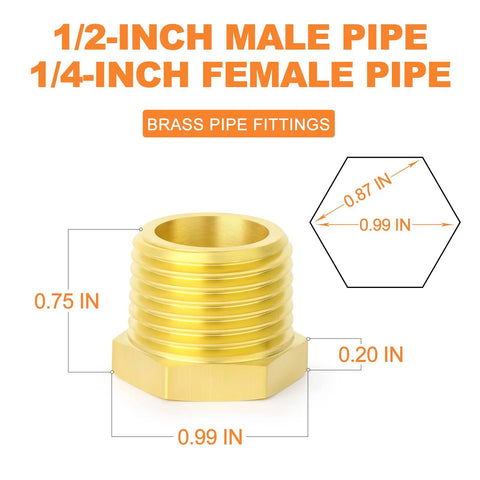 Ten Piece Brass Hex Bushing Reducer 1/2 Inch NPT Male To 1/4 Inch NPT Female Pipe Fitting dimensions diagram