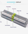 Din Rail Terminal Blocks Kit With UK2.5B Blocks 12 AWG Gauge 20A 600V Rating Includes Ground Blocks Jumpers End Brackets End Covers Marker Strips And 8 Inch Aluminum Rail For Fast Pro Grade Wiring. 20-block DIN rail kit with ground terminal and end clamp