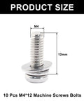 M4 X 12mm Phillips Pan Head Machine Screws, showing size details and construction, corrosion-resistant stainless steel bolts.