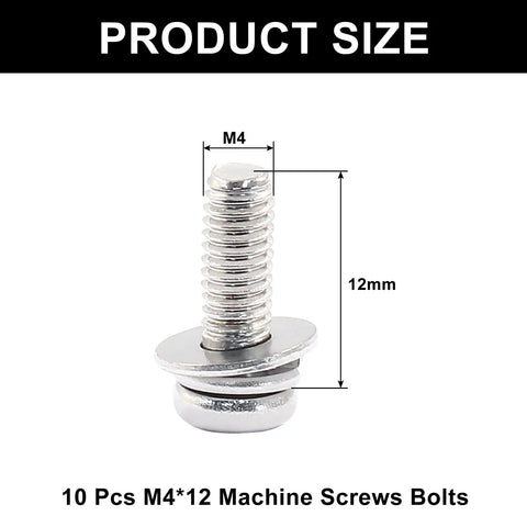 M4 X 12mm Phillips Pan Head Machine Screws, showing size details and construction, corrosion-resistant stainless steel bolts.