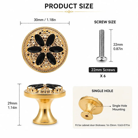 Modern Floral Cabinet Knobs With Matte Black Finish, 6 Pack Decorative Drawer Handles For Dressers And Kitchen Cupboards, Single Hole Hardware Kit With Matching Screws, Breezy Install For A Killer Room Refresh, 30mm knob size.