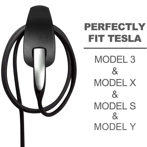 Slick Wall Mount Charging Cable Organizer For Tesla With Beefy Chassis Bracket And Tight Grip Power Cord Holder For Model 3 Model Y Model S Model X Garage Setup Matte Black, showcasing tight grip design with charging cord.