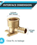 Top Shelf Lead Free Brass Pex Fittings 10 Pack 1/2 In Pex X 1/2 Female Npt Drop Ear Elbow for plumbing, showcasing 1/2 inch NPT and PEX dimensions.