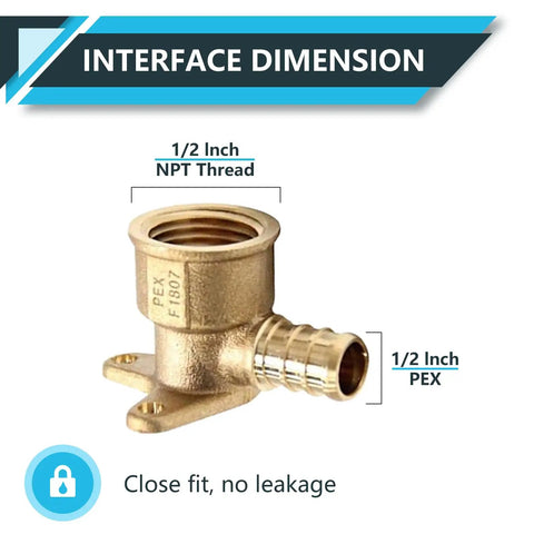 Top Shelf Lead Free Brass Pex Fittings 10 Pack 1/2 In Pex X 1/2 Female Npt Drop Ear Elbow for plumbing, showcasing 1/2 inch NPT and PEX dimensions.