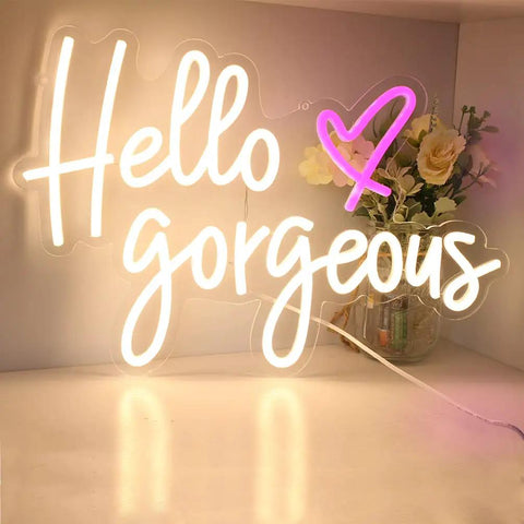 Hello Gorgeous Neon Sign White LED Light Wall Art For Home Decor Wedding Backdrop Birthday Party And Bachelorette Party Dimmable Switch 5V 16.5x11 Inches featuring floral accents on acrylic.