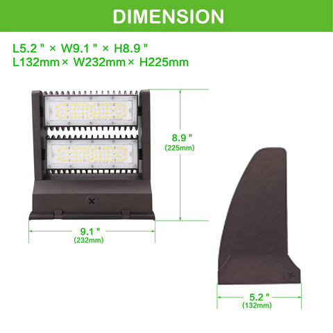 80W LED Wall Pack Light With 10800 Lumens, dimensions chart, 5000K Cool White, dark bronze housing, rotatable head