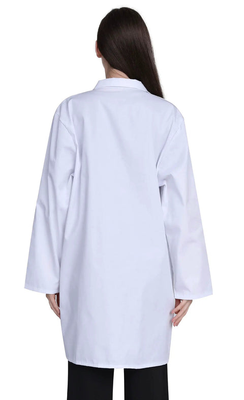 Back view of Pro Grade Lab Coat For Women In Cotton Blend Long Sleeve Medical Coat White Durable Unisex Fit With 2 Patch Pockets