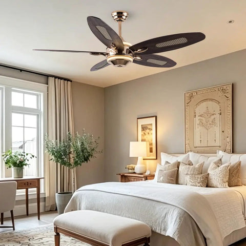 52" Plywood Modern Ceiling Fan with Light and Remote for Living Room Golden in a cozy bedroom setting.