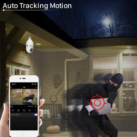 Wireless Light Bulb Security Camera With E27 Socket Plug And Play Auto Motion Tracking Two Way Audio Night Vision WiFi IP CCTV Easy Install No Wires Needed Tuya Smart Life App Control monitoring a burglar at night with smartphone app display