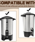 Hermes 45-cup coffee pot and hot drink dispenser shown side by side, showcasing compatibility with Top Shelf Unbleached Paper Coffee Filters 500 Pack.