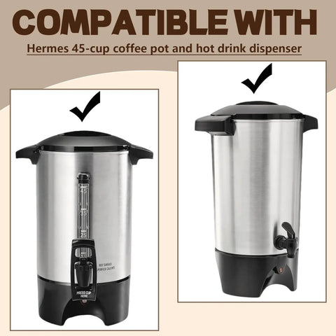 Hermes 45-cup coffee pot and hot drink dispenser shown side by side, showcasing compatibility with Top Shelf Unbleached Paper Coffee Filters 500 Pack.