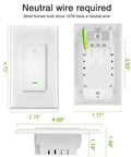 Dimensions of Three Way WiFi Light Switch 4 Pack No Hub Needed Works With Alexa And Google Home, shown with neutral wire illustration.