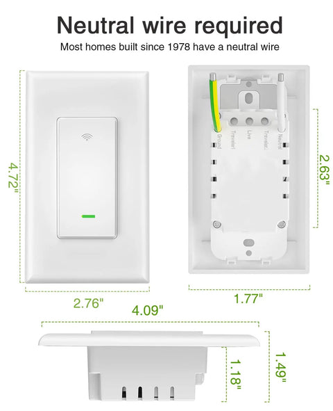 Dimensions of Three Way WiFi Light Switch 4 Pack No Hub Needed Works With Alexa And Google Home, shown with neutral wire illustration.