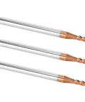 Three Pack Metal End Mills For CNC Milling With Four Flutes Tungsten Steel Router Bits For High Speed Cutting Beefy Tough Durable Micro Grain Tooling D Two Point Five By Eight By Four D By Fifty Length Four Flute Cutter displayed above