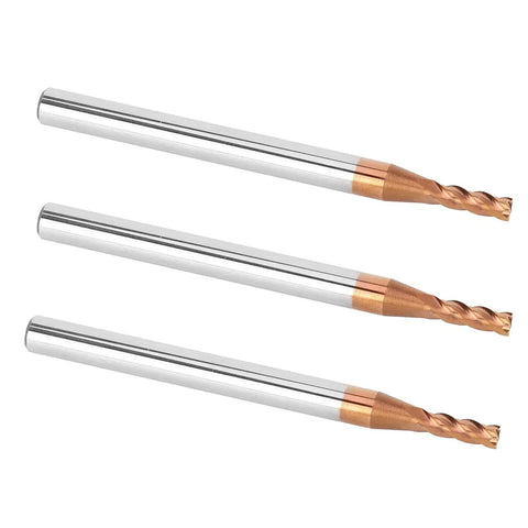 Three Pack Metal End Mills For CNC Milling With Four Flutes Tungsten Steel Router Bits For High Speed Cutting Beefy Tough Durable Micro Grain Tooling D Two Point Five By Eight By Four D By Fifty Length Four Flute Cutter displayed above