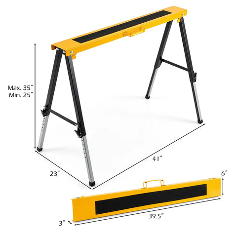Badass 2 Pack Folding Sawhorse 660 Lb Heavy Duty Metal Work Stands With 12 Height Adjustments and Sturdy Carry Handles for Contractors and Job Sites Portable shown in open position with dimensions.