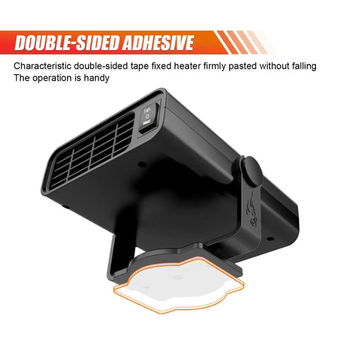 Double-sided adhesive mounted Ditch The Morning Frost 12V Car Heater And Windshield Defogger, 150W with control button.