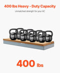 Sturdy Outdoor Mini Split Pad For 9000 To 36000 BTU Ductless AC Heat Pump Systems showing weight support up to 400 lbs with kettlebells on pad