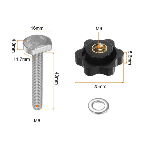 10 Piece T Track Bolts Knob Kit With M6 X 40mm Threaded Bolts And M6 X 25mm Hex Hand Knobs With Washers For Woodworking Jigs And Fixtures Black Beefed Up Finish close-up view