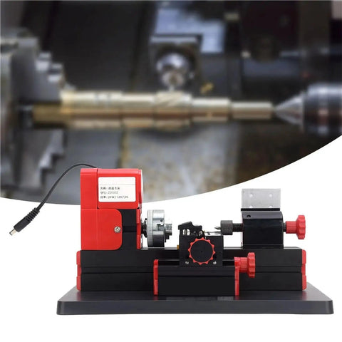 High Speed Mini Motorized Lathe Machine 20000Rpm 24W Compact Power Tool view with metal turning piece and red knobs.
