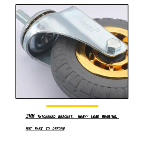 Friction Free 4 Inch Retractable Gate Casters With Heavy Duty Shock Dampening And Quick Flex Lifter For Dead Quiet Iron Gate Rolling Universal Swivel Wheels One Piece Graphite Gray close-up of heavy-duty caster with thick bracket.