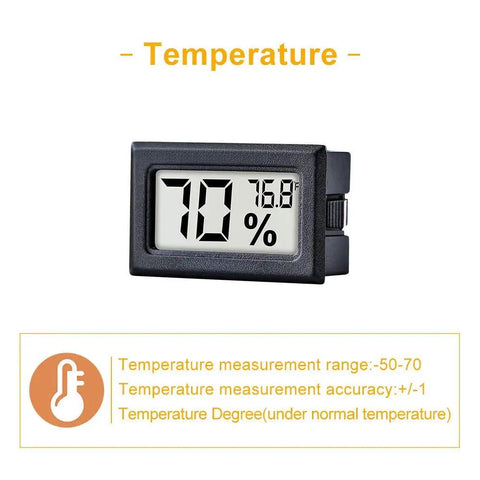 Mini Digital Temperature And Humidity Gauge With Built In Probe, Handy Compact Indoor Thermometer And Hygrometer With LCD Display In Fahrenheit, Ideal For Humidors, Greenhouses, Gardens, And Home Climates. black LCD display showing 70% and 76.8°F
