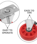 Hella Smooth Nylon Caster Wheels For Mechanic Creepers Providing Straight Up Quiet Rollout And Rock Solid Swivel Control For Effortless Shop Floor Cruising close-up of red nylon wheel with metal plate and swivel mechanism.