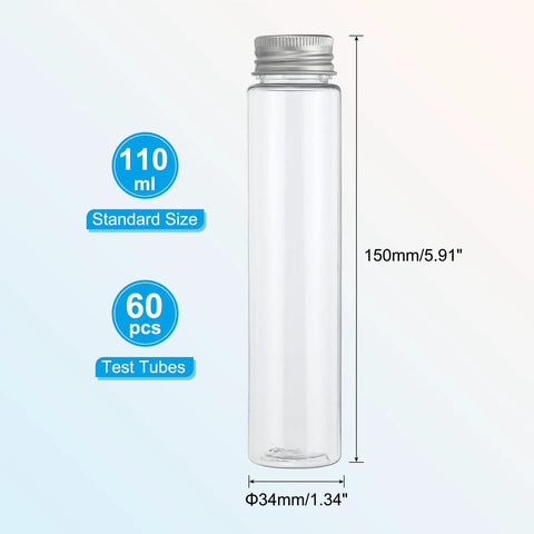 110ml Clear Flat Bottom Test Tubes With Silver Caps Pack Of 60 Plastic PET Storage Containers, 5.91x1.34 inches