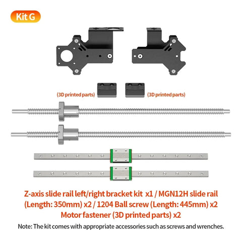 Level Up Your 3D Printer Setup With This Knockout Dual Z Axis Upgrade Kit Featuring Ball Screw Linear Rail Motion System For Rock Solid Stability And Ultra Smooth Extrusion, showing brackets, ball screws, and slide rails.