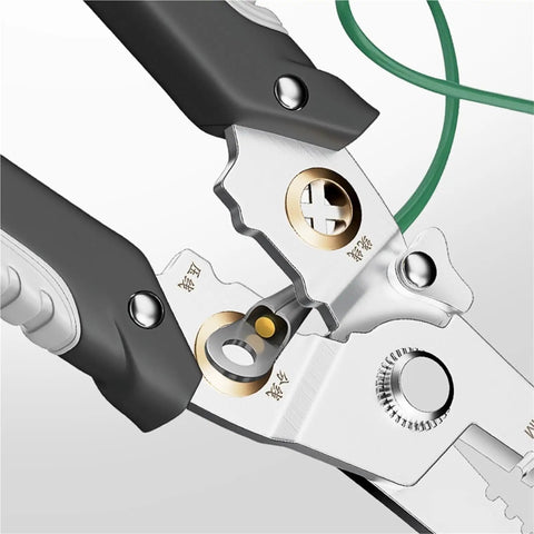Close-up of the 15 In 1 multifunctional Wire Stripper Decrustation Pliers Multi Tool showing cutting edges and mechanisms.