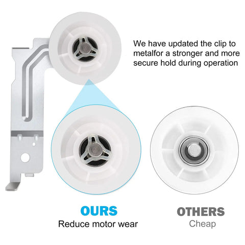 Comparison of upgraded heavy duty dryer idler pulley with metal clip and cheap alternative for Samsung dryer maintenance